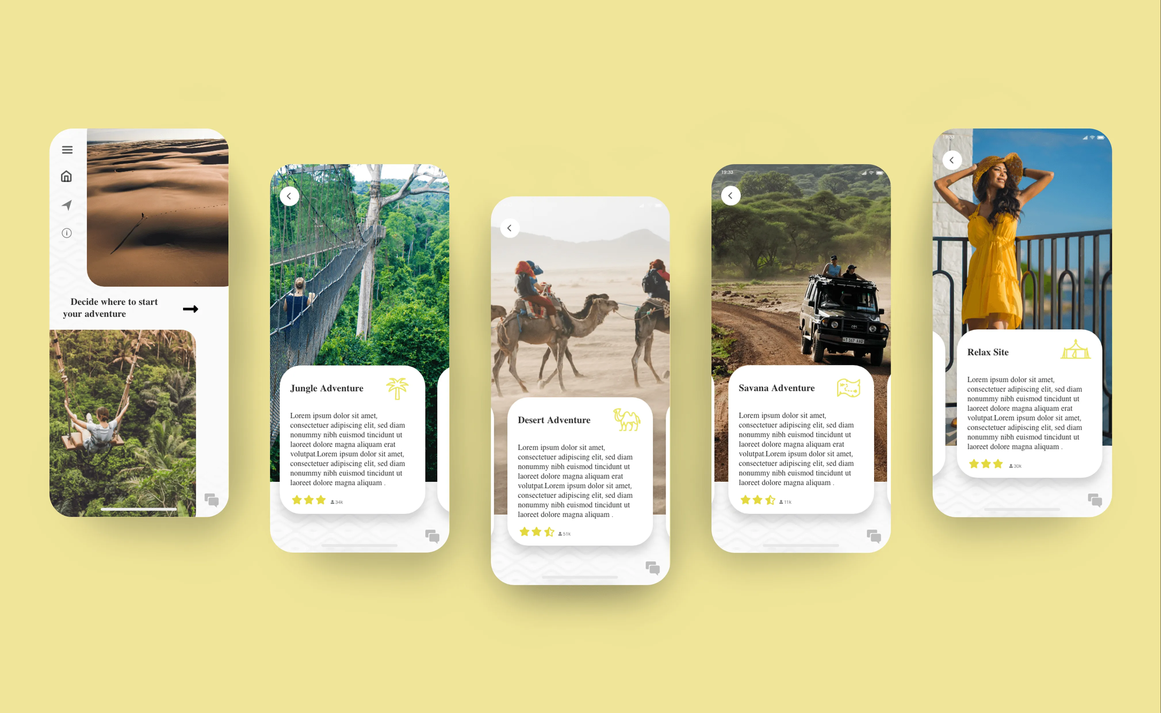 Five smartphone screens displaying travel adventure app interfaces with jungle, desert, savanna, and relax themes.