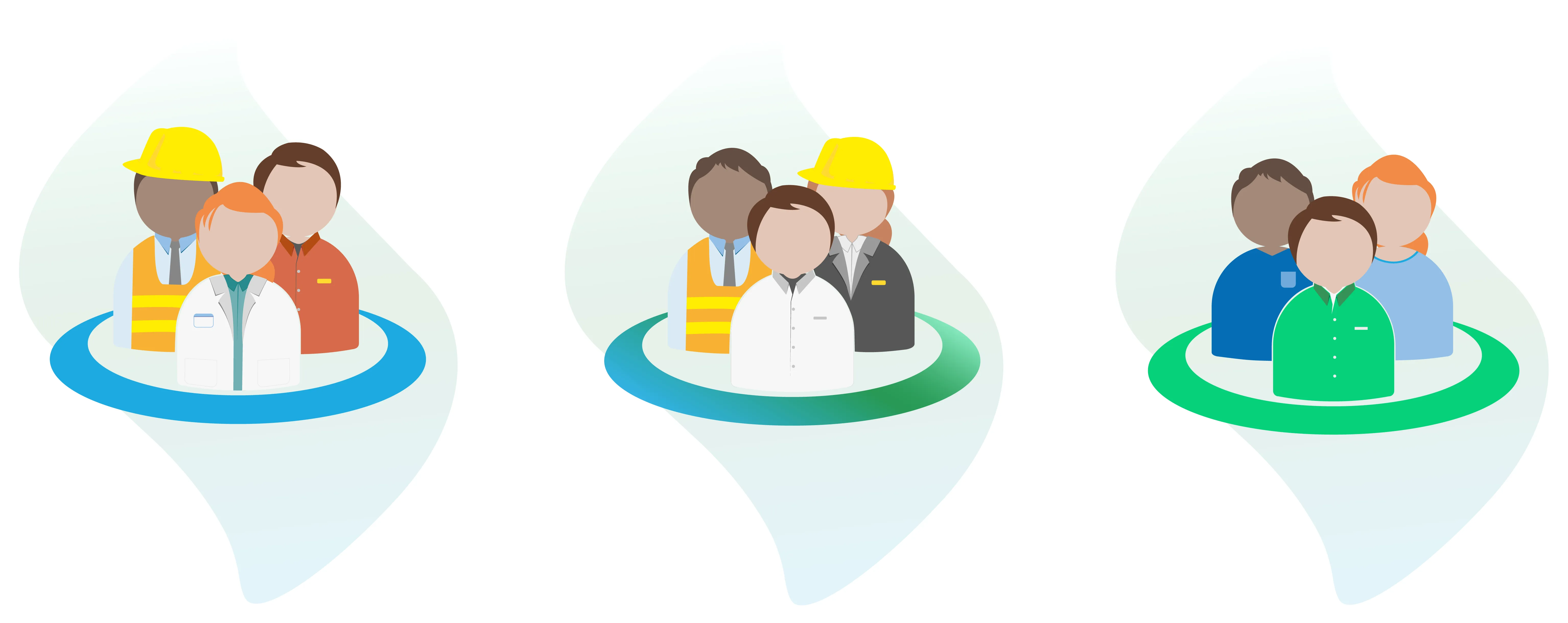 Three groups of diverse professionals including a doctor, engineer, and businesspeople in colored circles.