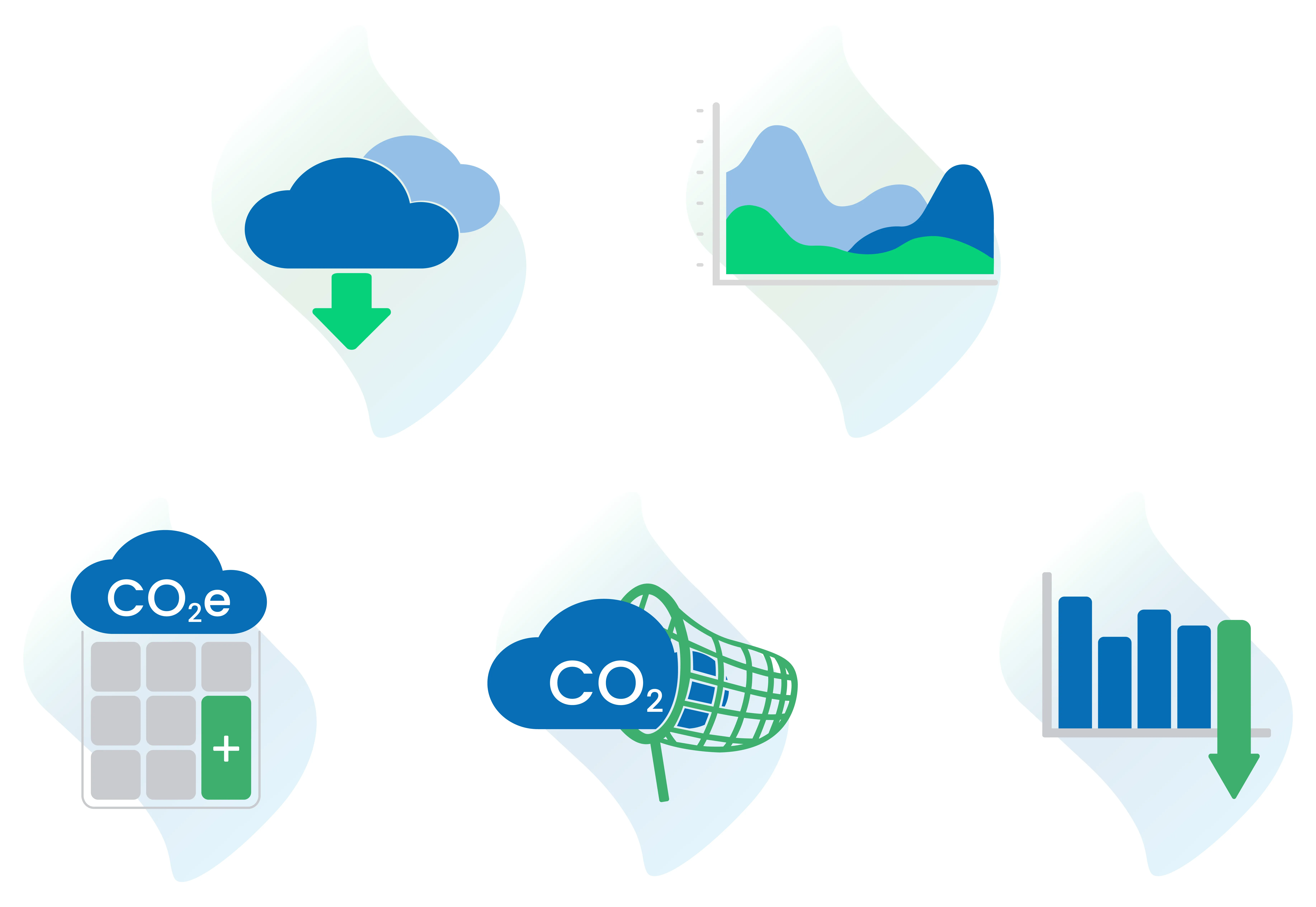 Icons showing data download, area charts, CO2e calculator, CO2 capture net, and bar chart with downward trend.