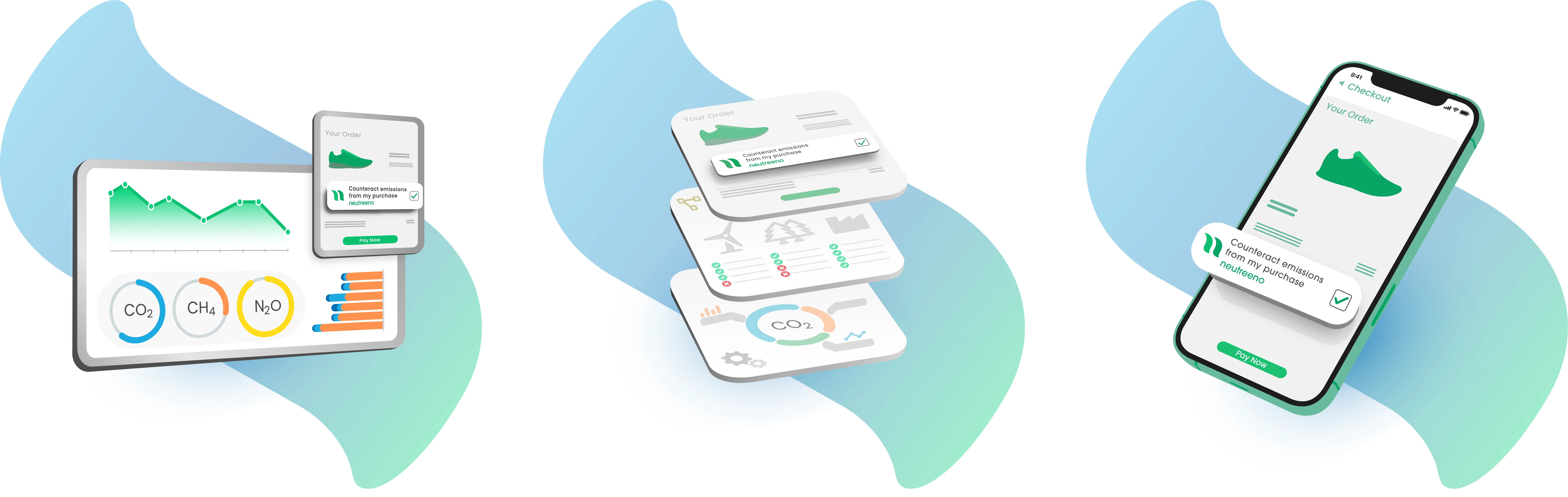 Illustrations of eco-friendly app screens showing carbon emissions data and purchase offset options.